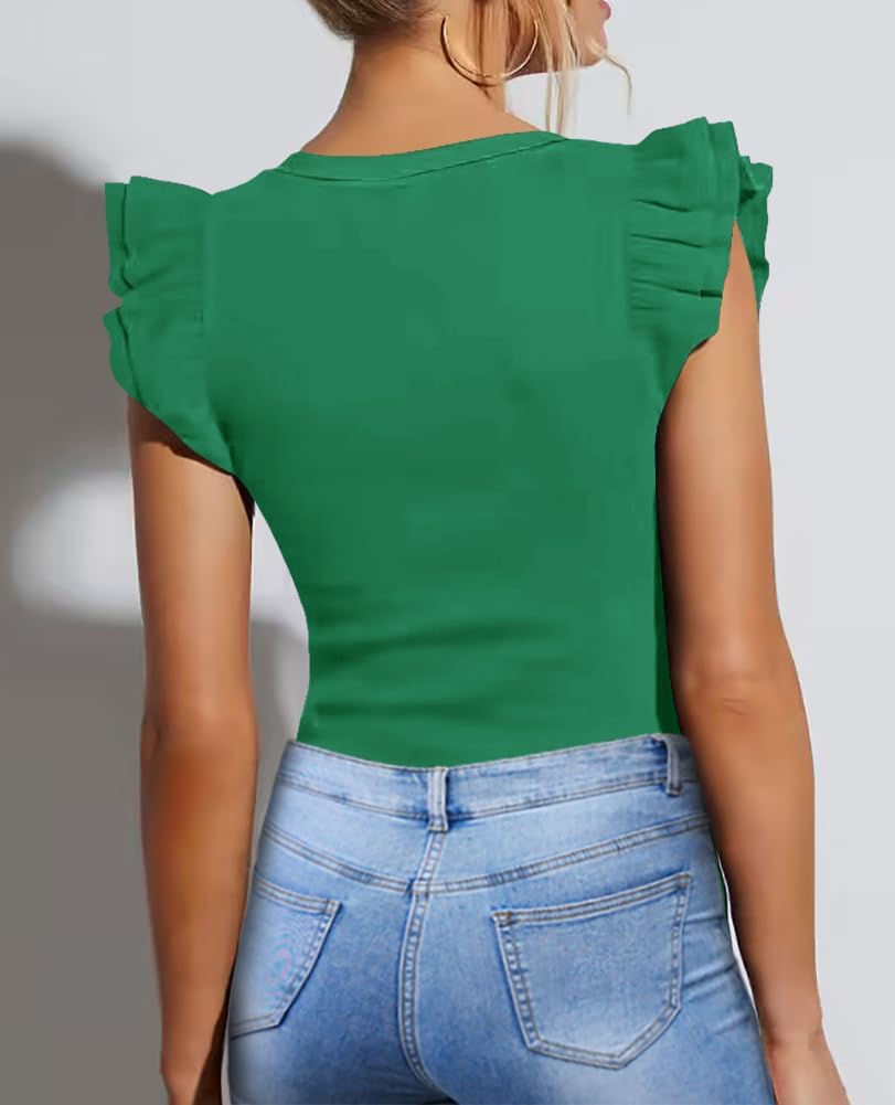 Ezbelle Women's V Neck Bodysuit Tops Ruffle Sleeveless Shirts Ribbed Knit Sexy Blouse Summer Tight Top Puff Blouse Trendy Work Fall Outfits 2024 Green M - Image 4
