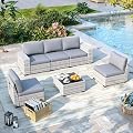 6 Piece Outdoor Wicker Sectional Sofa Set, 5-Seats Patio Furniture Conversation Set with 4" Thickened Cushions & Coffee Table, All-Weather PE Rattan for Garden, Backyard, Porch, Gray