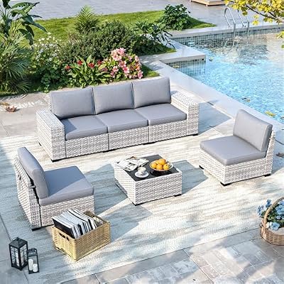 6 Piece Outdoor Wicker Sectional Sofa Set, 5-Seats Patio Furniture Conversation Set with 4" Thickened Cushions & Coffee Table, All-Weather PE Rattan for Garden, Backyard, Porch, Gray
