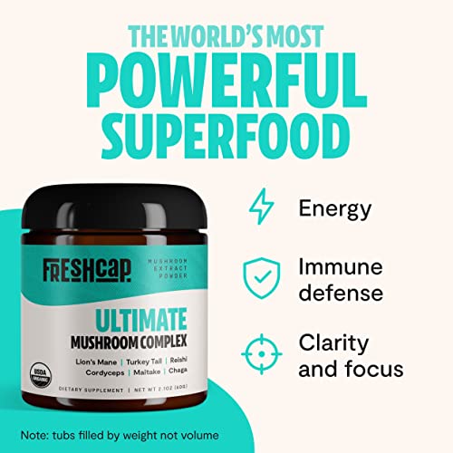 FreshCap-Ultimate-Mushroom-Complex-Pure-Extract-Powder-USDA-Organic-Lions-Mane-Reishi-Cordyceps-Chaga-Turkey-Tail-Maitake-60g-Supplement-Add-to-Coffee-Real-Fruiting-BodyNo-Fillers