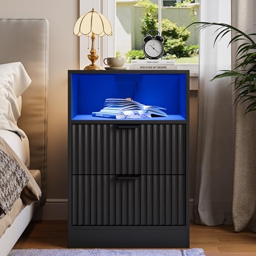 Image of Black Night Stand Set 2, LED Nightstand with Charging Station, Fluted Nightstands Set of 2 with 2 Drawers, Wood Side Table Living Room, End & Bedside Tables for Bedroom Sofa Office