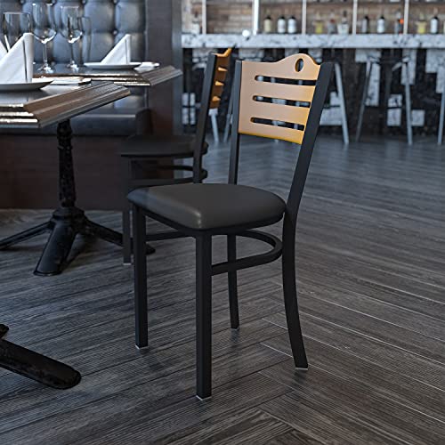 Image of Flash Furniture HERCULES Series Black Slat Back Metal Restaurant Chair - Natural Wood Back, Black Vinyl Seat
