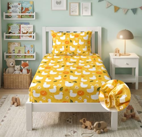 Image of VAS COLLECTIONS Single Bed Fitted Bedsheet 36x72+8 Inches with 1 Pillow Cover | 180 TC Microfiber Elastic Bed Sheet | Soft Breathable Cute Printed Design for Kids & Couples (Kid Duck Print)