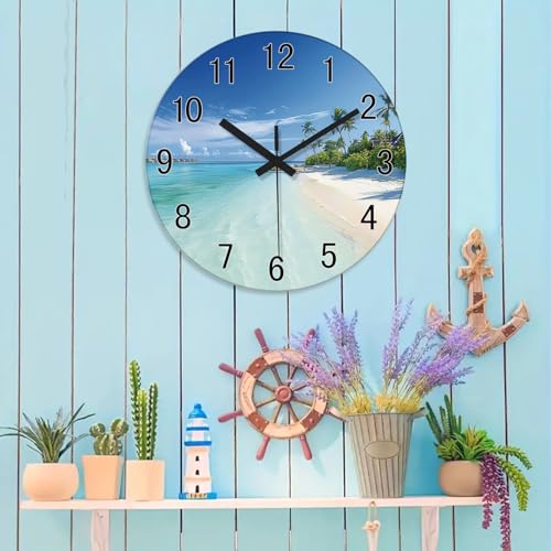 Image of XFM Beach Coastal Wall Clocks Battery Operated 20 Inch Blue Seascape | Silent Non Ticking Large Size Tropical Nautical Modern Glass Decorative for Dining Room Bedroom Home Office