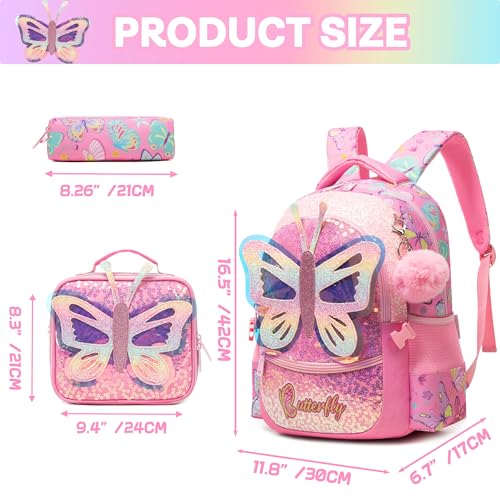Meetbelify Backpacks for Girls School Backpacks with Lunch Box Pencil Case for Elementary Students Ages 8-10 Kids Travel Backpack 3 in 1 Backpack Set for Girls Butterfly2
