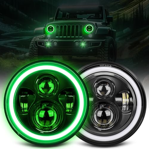 UNI-SHINE 7 inch Green Halo led Headlight Hi/Lo Beam with Amber Turn Signal DRL 2pcs 7 inch led headlight Round H6024 LED Headlight DOT Approved Compatible with Jeep Wrangler JK TJ CJ, Truck SUV etc
