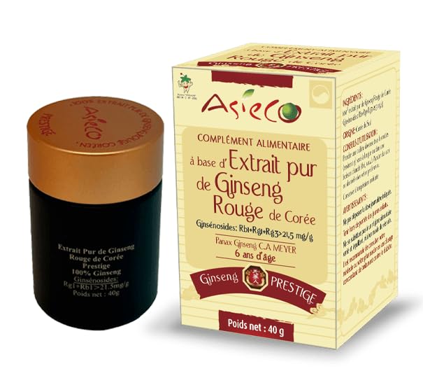 Extrait de Ginseng Rouge de Corée Prestige 40g - 100% Concentré de Racine de 6 ans d'âge - Ginsénosides Rg1+Rb1>21.5mg/g - ASIECO