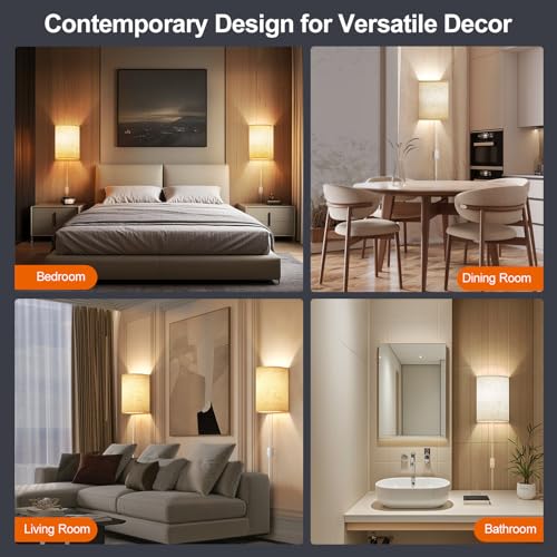 Image of Plug in Wall Sconces Set of Two: Wall Lights with On /Off Switch - Stepless Color Temperature Wall Mount Lamps - Fabric Linen Wall Sconce for Bedroom Living Room & Hallway- Indoor Corded Wall Sconces