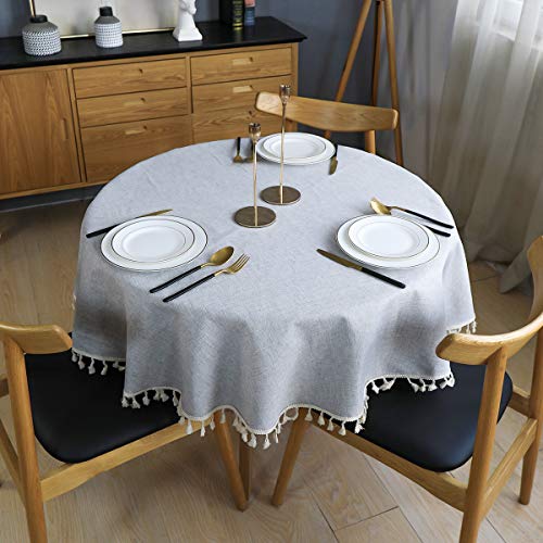 NEKKA Round Tablecloth, Decorative Solid Color Table Cover, Cotton Linen Tassel Desk Cover