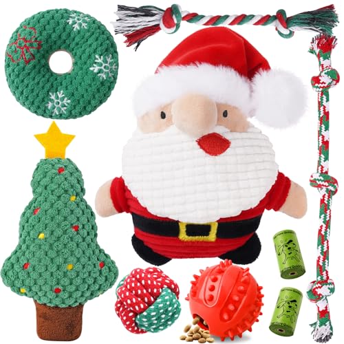 Zeaxuie Dog Chew Toys for Xmas - 9 Pack Santa Puppy Toys for Teething Small Dogs with Rope Toys, Treat Ball and Squeaky Dog Toys