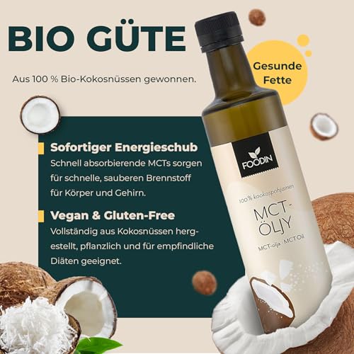 FOODIN MCT Öl 1000ml (2 x 500 ml) aus 100% Kokosöl, Medium-Chain Triglyceride (MCT) Oil, Hergestellt aus produzierter Kokosnuss, 100% glutenfrei und vegan, Ideal für Ketogene Ernährung