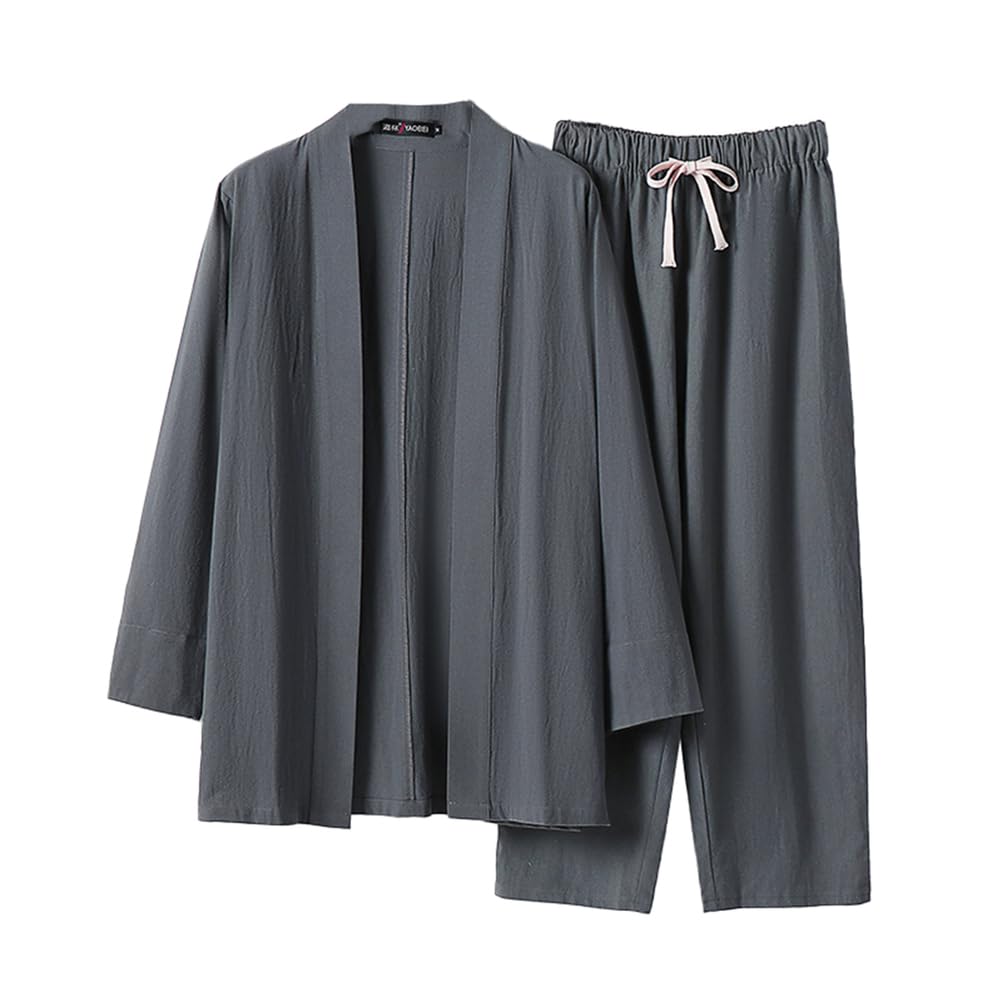 TIANQIHAO Summer Two-Piece Suit Cotton Bathrobe Pajamas Kimono Bathrobes Sleepwear Plus Size Pjs Set With Pockets,Gray-Medium