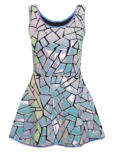 Alvivi Damen Alien Kostüm Space Girl Kleid Metallic Minikleid Spiegel Kleid Kurz Skaterkleid Halloween Karneval Fasching Partykleid B Blau M
