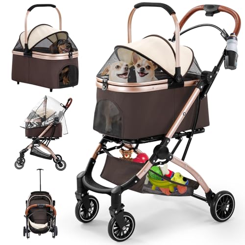 Gimars Passeggino Pieghevole per Cani Gatti 4 in 1 fino a 20 kg, Passeggino Cane con Trasportino Staccabile Cestello, Ruote Anteriori 360°, Parapioggia Freni Portabicchieri Cestino Portaoggetti, Cachi