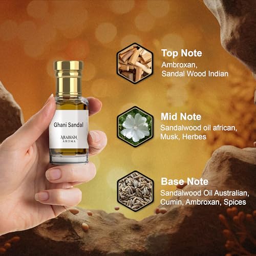 Image of Arabian Aroma Ghani Sandalwood Attar | Long-Lasting Sandalwood Roll On Itra Perfume for Men | Alcohol-Free Itar for Men & Women | 100% Perfume | Attar for Men Long Lasting Smell (6ml)