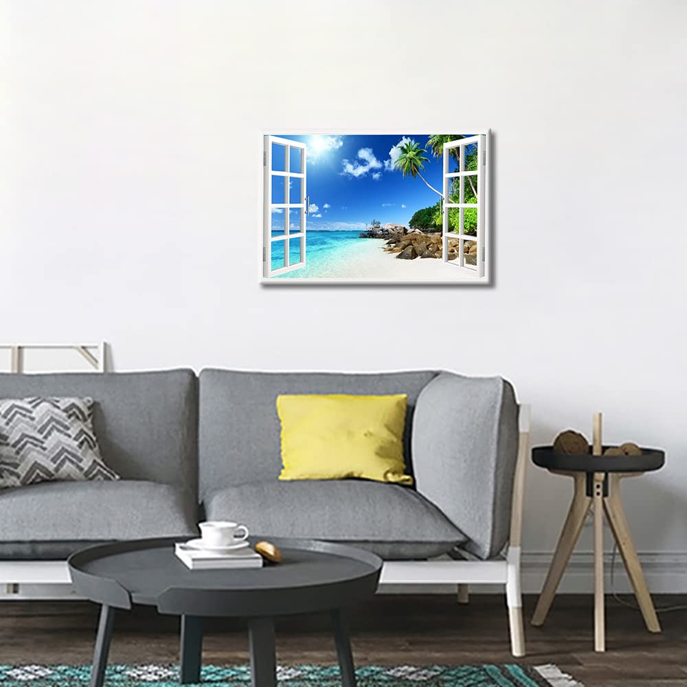Window View Ocean Beach Palm Wall Art Art - Image 4