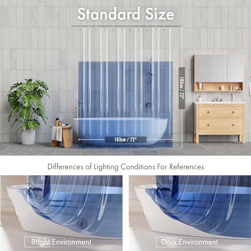 Image of AmazerBath 100% EVA Shower Curtain Liner, 72 x 72 Inches Heavy Duty Shower Curtain and Liner 2-in-1 with 3 Clear Stones and 12 Brass Grommets, Color Block Soft Shower Liner - Clear & Ocean Blue
