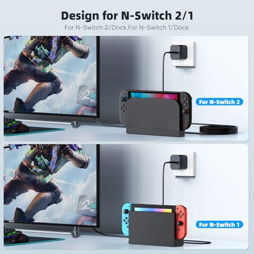 Image of (2 Pack) Switch 2 Charger with 5FT /10FT USB-C Cables, 60W PD3.0 Fast Charger for Nintendo Switch 2 /1 /OLED /Lite /Steam Deck, 4K TV Dock Ready AC Adapter, Works with USB-C Devices - Compact & Durable