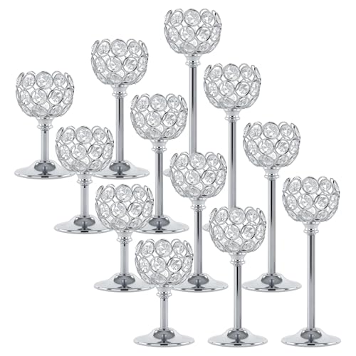 Oakernel Silver Crystal Candle Holders Candlestick Holders - 4 Sets Tall Bling Bowl Candelabra Centerpieces for Dining Table Wedding Party & Fireplace Mantel Decor 12Pcs