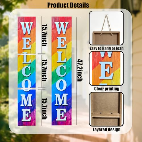 Image of Vertical Wooden Rainbow Welcome Porch Sign,Rustic Porch Standing Sign,Decorative Plaques for Front Door,Farmhouse Style Outdoor Indoor Welcome Decoration-47.2 inch H