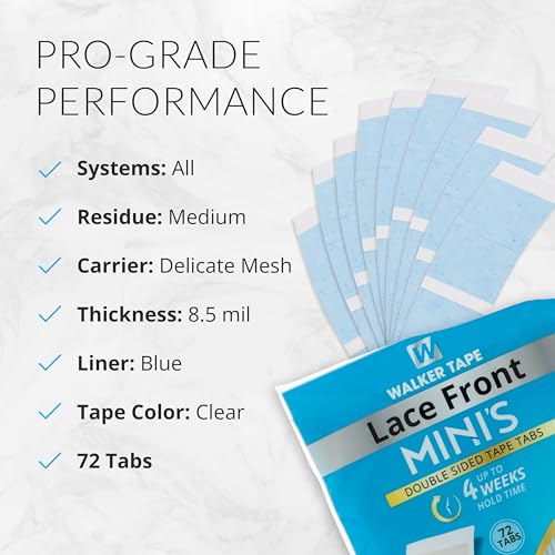 Image of Walker Tape Lace Front Support Tape Minis, Double Sided Wig Tape for Lace Wigs, Toupees, and Tape in Hair Extensions Human Hair, Hypoallergenic No-Shine Hairpiece Tape, Maximum Wear Bonding 72 Pieces