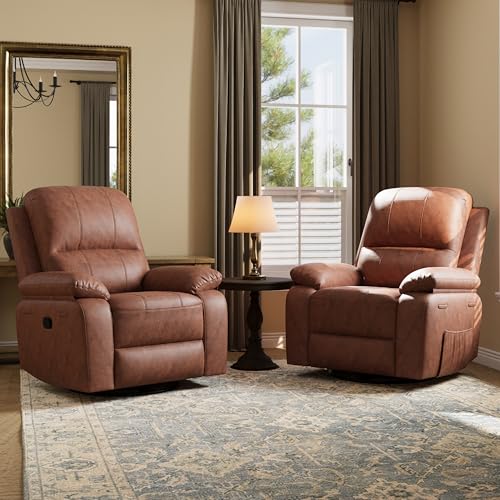 Image of Leather Swivel Rocker Recliner Chair Set of 2, Traditional Manual Chair, Upholstered Nursery Glider Rocking Recliner, Faux Leather Single Sofa with Pocket Spring for Living Room, Camel