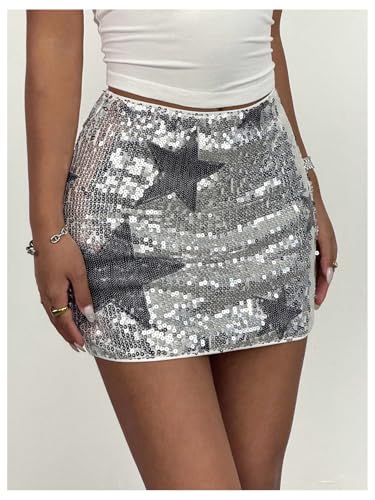 Floerns Women's Sparkly Sequin Skirt Y2k Going Out Rave Club Star Glitter Skirt2