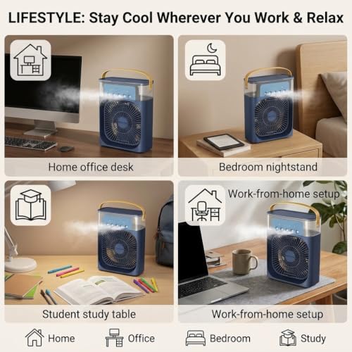 Image of DRUMSTONE (Luxurious 5 Year Warranty) Portable Mini Air Conditioner Fan with Evaporative Cooling & Cool Mist Humidifier, 7-Color LED Night Light Personal Air Cooler for Room, Office, Bedroom & Desk