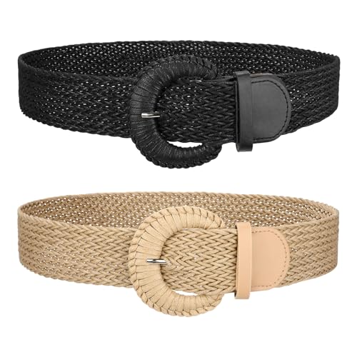 JASGOOD 2 Pack Women Woven Waist Belt for Dress Boho Rattan Belt Wide Braided Belt with Round Buckle