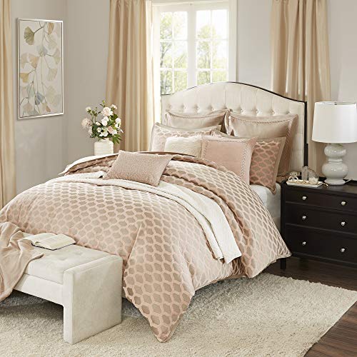 Madison Park Signature Cozy Comforter Set - All Season Bedding Combo Filled Insert and Removable Duvet Cover, Shams, Decorative Pillows, Ogee Pink Queen(92"x96") 9 Piece
