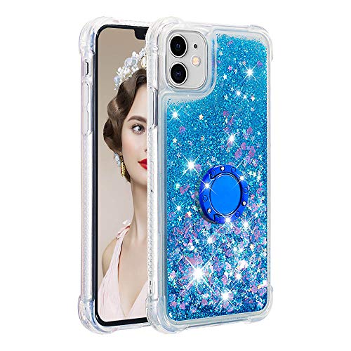 FAWUMAN Liquid Sparkly Quicksand TPU Gel Silicone Shockproof Phone Cover[Diamond Ring] Cases for iPhone 11 (6.1inch)（Blue love）