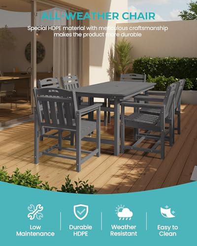Image of Outdoor Rectangle Dining Table, Heavy-Duty HDPE Table for 6, Weatherproof Patio Table with Umbrella Hole, Rounded Corners for Safety, Grey