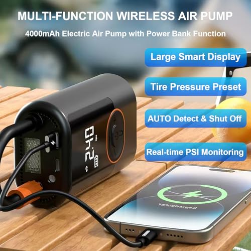 Image of Tire Inflator Portable Air Compressor, 160 PSI Electric Air Pump with Digital Display, LED Lights and 4000mAh Rechargeable Battery for Cars, Bikes, Motorcycles, Balls, Ideal for Men Husband & Fathers