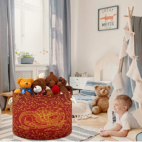 Image of visesunny Storage Basket Playful Asian Dragon And Fire Nursery Hamper Basket Clothes Toy Storage Organizer Bin Box Collapsible Laundry Bag for Kid Room,Playroom,Bathroom,Living Room,Dorm,Office