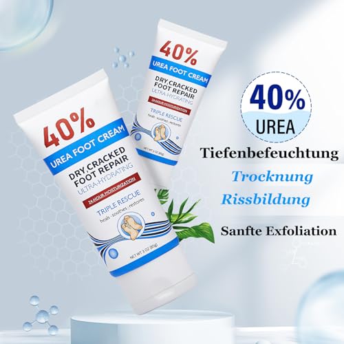 Urea Creme 40 Prozent, Fußcreme sehr Trockene Füsse, Hornhaut Entferner & Schrundensalbe mit Befeuchten, Fusspflege für Sehr Trockene Füße, Urea Lotion, für Hände und Füße – Bild 4