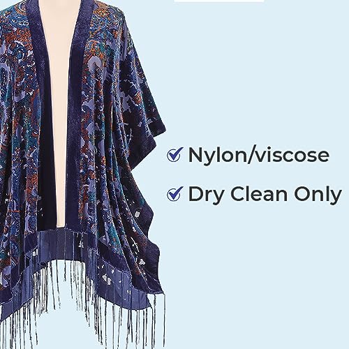 SAGEFINDS Fringed Burnout Velvet Kimono for Women| Elegant Evening Shawl with Fringe | Open Front Wrap | Party Cape with Kimono Sleeves | One Size Fits Most4