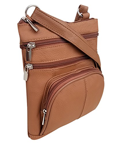 Roma Leathers Crossbody Zippered Purse - 3 Front Pockets, Adjustable Strap - Light Brown2