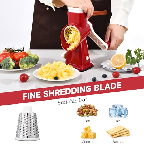 Image of Rotary Cheese Grater with Handle Kitchen Shredder Slicer Grater Slicer Ice Shaver Cheese Vegetable Nuts Potato Zucchini Chocolate 3 Interchangeable Blades (RedWhite)