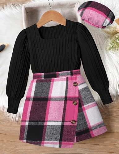 Image of AGAPENG Girl Skirt Sets 3 Piece Outfits Square Neck Jacquard Puff Sleeve Tops Plaid Mini Skirt Shorts Fall Winter Clothes