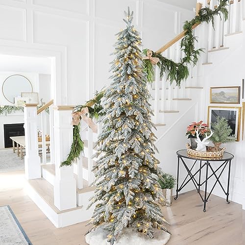 Glitzhome-9ft-Pre-Lit-Flocked-Pencil-Spruce-Artificial-Christmas-Tree-with-470-Warm-White-Lights-and-Sturdy-Metal-Stand-for-Home-Office-Party-Decoration Glitzhome 9ft Pre Lit Flocked Pencil Spruce Artificial Christmas Tree with 470 Warm White Lights and Sturdy Metal Stand for Home Office Party Decoration