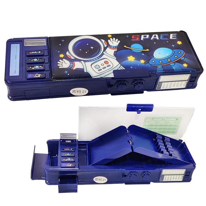 Image of ZAFCO Plastic Astronaut Magnetic Pencil Box for Kids Password Lock Large Capacity Space Theme for Boys and School Going Children Stationaries Organizer Return Gift School Supplies| Pack of 1, Blue