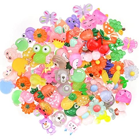 100 PCS 3D Cute Fruit Animal Flatback Resin Charm No Hole Beads for DIY Scrapbooking Embellishment Phonecase Hair Clip Craft Jewelry Craft Making Supplies, Mix-Color Cover