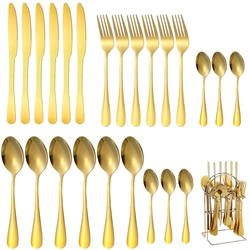 24 Piezas Cuberteria Dorada Acero Inoxidable, Cuberterias Completas 6 Personas con Estante, Utensilios Pulidos Espejo & Apto Lavavajillas, Set Cuchillo Tenedoru y Cucharas Postre para Fiestas Boda
