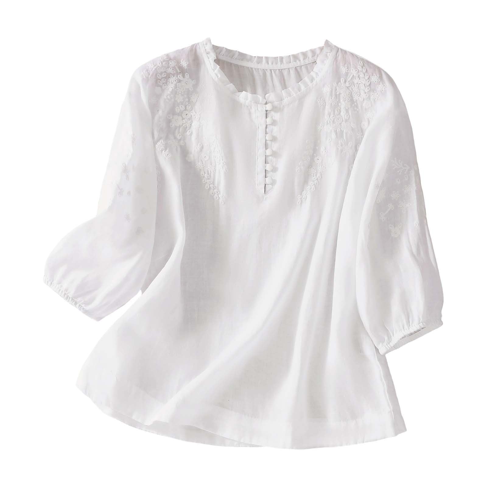 Generisch Camiseta básica de color liso para mujer, manga 3/4, elegante, verano, flores, bordado, algodón, lino, suelta, cuello redondo, túnica, blusa informal