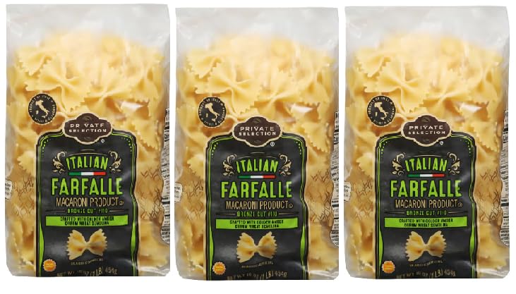 Italian Farfalle Bronze Cut Macaroni Product Crafted With Golden Amber Drum Wheat Semolina (3 Bags, 16 oz. each)