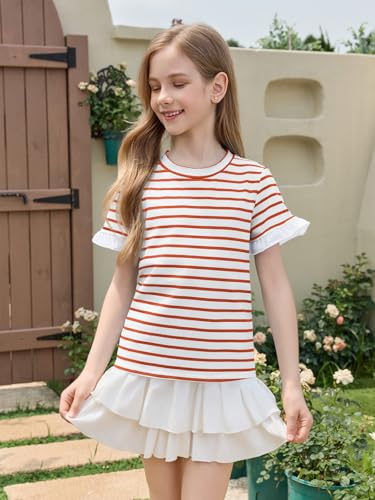Image of Haloumoning Girls Striped Ruffle Short Sleeve T Shirts Kids Summer Crewneck Tops Casual Tees 5-14 Years