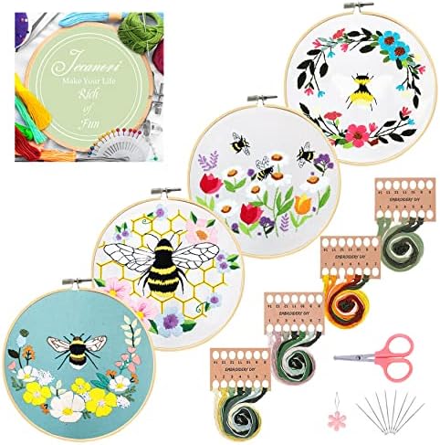 Embroidery Starter Kit, Jecanori 3 Pack Cross Stitch Kit with Floral or Plant Pattern and Instructions, Full Range of Embroidery Kits, Embroidery Hoops, Color Threads and Tool