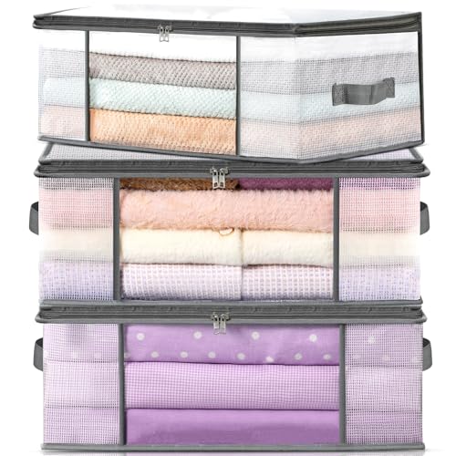 LANDNEOO 3-Pack Clothes Storage Bags, Plastic Foldable Blanket Storage bins, Closet Organizer Container for Bedroom, Bedding, Comforters, Pillows, and Clothing – 35L with Handles