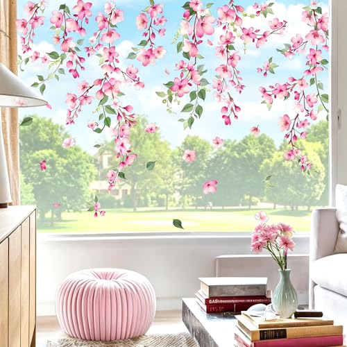 6 Autocollants Vitre Printemps Fleurs Tombantes Roses Double Face Stickers Fenêtre Réutilisables sans Colle Déco Vitre Anti-Collision Oiseaux pour Maison,...