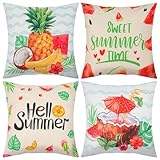 XLSXEXCL Summer Pillow Covers 18' x 18' Set of 4, Hello Summer Pillow Cases Sweet Summer Time Throw Pillows Covers Watermelon Pineapple Summer for Home Decor Couch Sofa Patio Bedroom